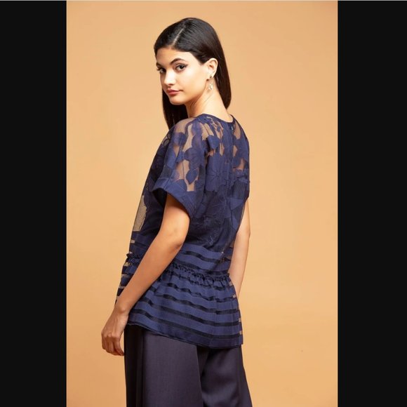 Eva Franco Anthropologie Blue Mesh Floral Peplum Top - Picture 5 of 6